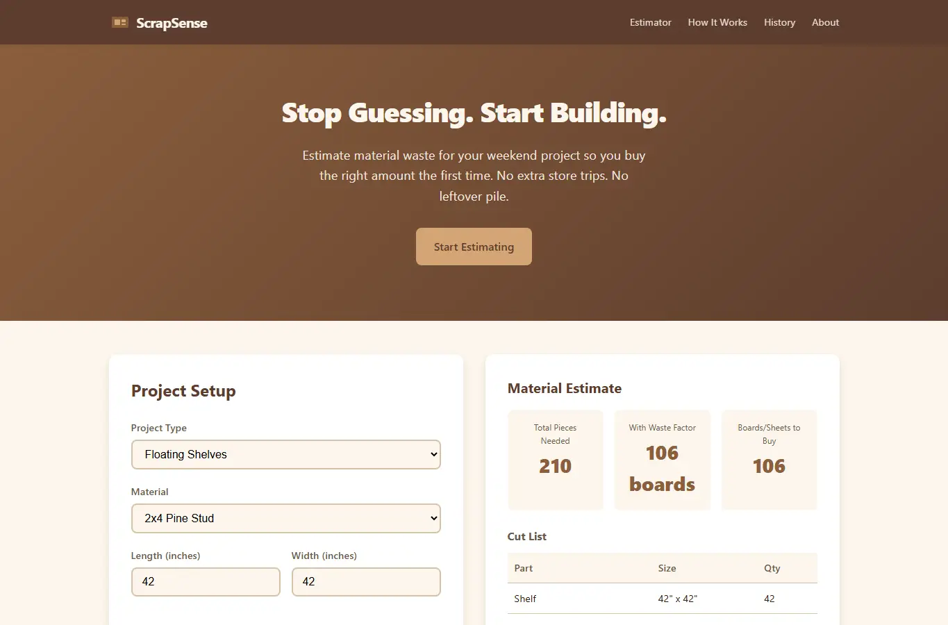Screenshot of ScrapSense: Weekend Project Waste Estimator interface showing the project page in use